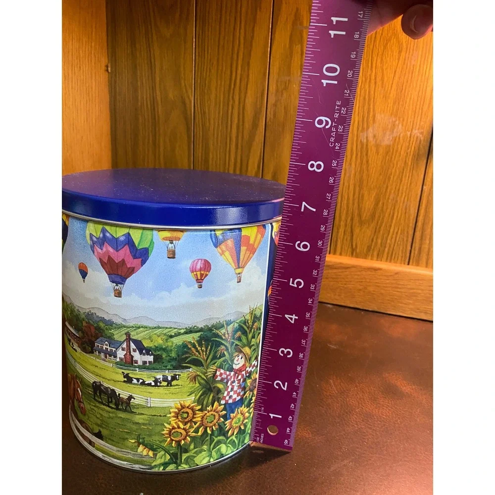 Vintage‎ Farmhouse Tin Hot Air Balloons Horses Country Scene Blue Lid Cottgecore